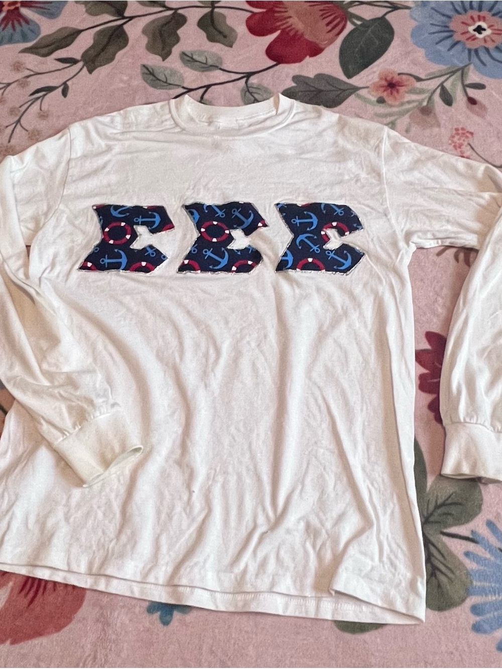 White Long Sleeve Tee with Navy Anchor Patterned Letters